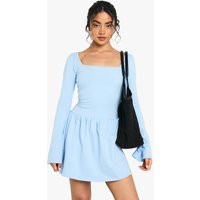 boohoo Women's Square Neck Dropped Puff Ball Hem Mini Dress in Powder Blue | Size: 4 | Knitted | boohoo (US & Canada)