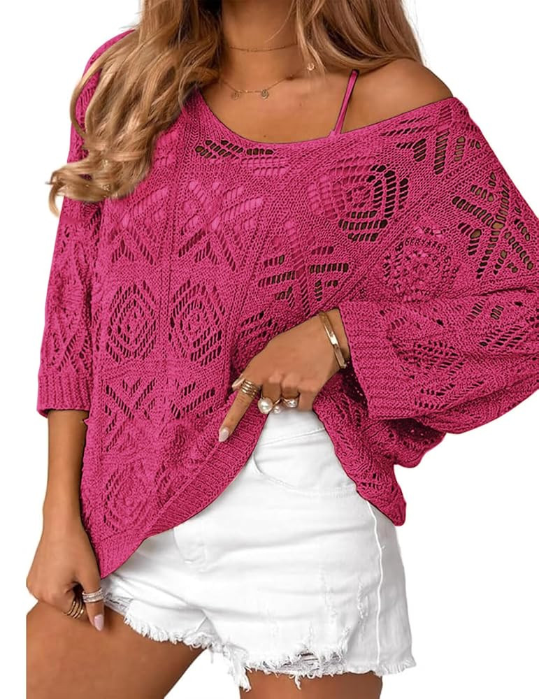 Zeagoo Women's Summer Crochet Off The Shoulder Hollow Out Knit Tops 2025 V Neck 3/4 Sleeve Sweate... | Amazon (US)