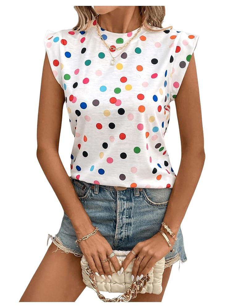 Floerns Women's Polka Dots Print Crew Neck T Shirts Cap Sleeve Summer Tee Shirt | Amazon (US)