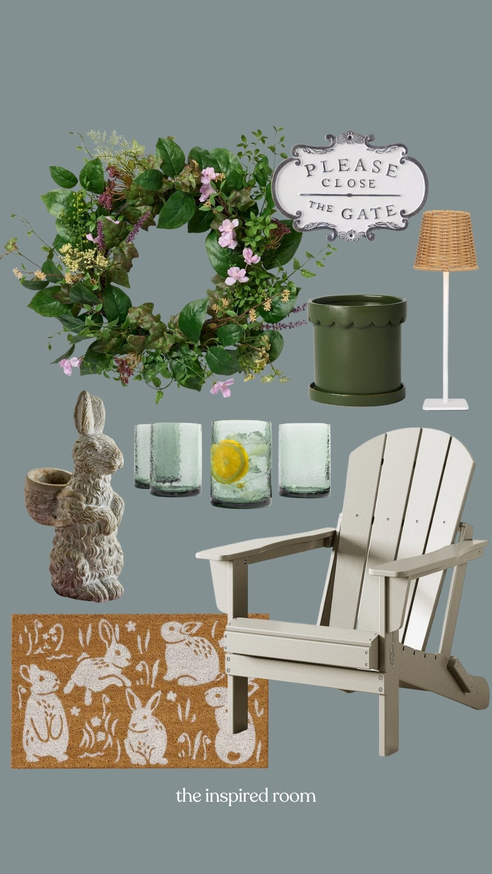 Spring home finds - outdoor decor, folding Adirondack chair, outdoor drinking glasses, rattan shade cordless lamp, stone bunny, bunny doormat, wreath, please close the gate plaque, green scalloped planter 