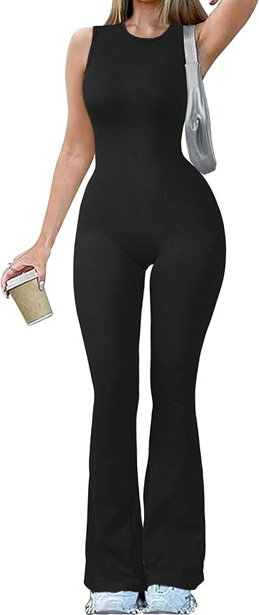 OQQ Women Yoga Jumpsuits Ribbed Crew Neck Sleeveless Bell Bottoms Flare Jumpsuits | Amazon (US)