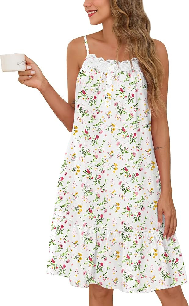 SWOMOG 100% Cotton Nightgowns for Women Lace Sleeveless Sleep Dress Victorian Sleepshirt Button S... | Amazon (US)