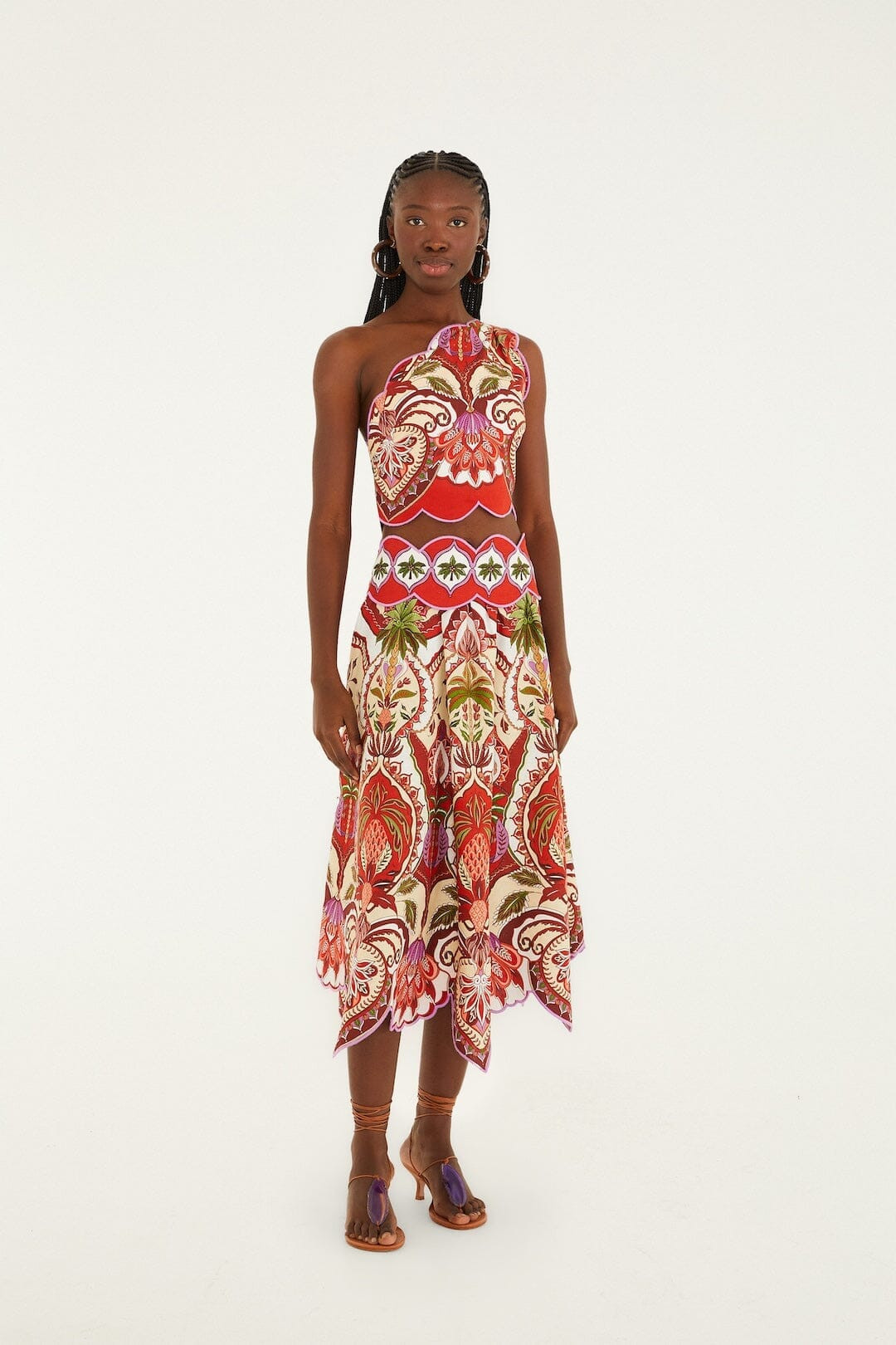 Red Odara Scallops Lenzing\ufffd Ecovero\ufffd Euroflax\ufffd One-Shoulder Top | FARM Rio | FarmRio (US)
