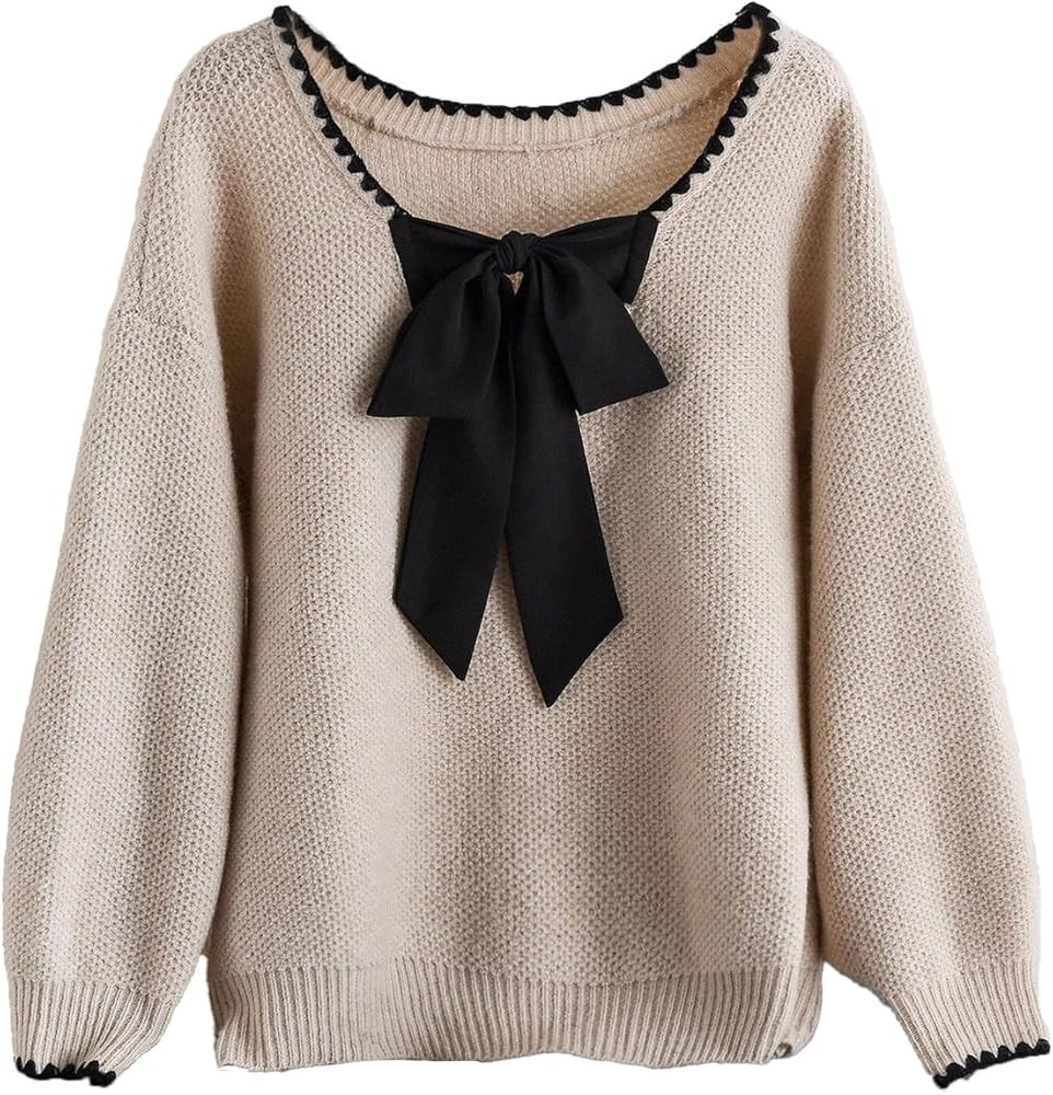 SOLY HUX Women's Plus Size Sweaters Pullover Bowknot V Neck Long Sleeve Knit Tops Fall Clothes | Amazon (US)