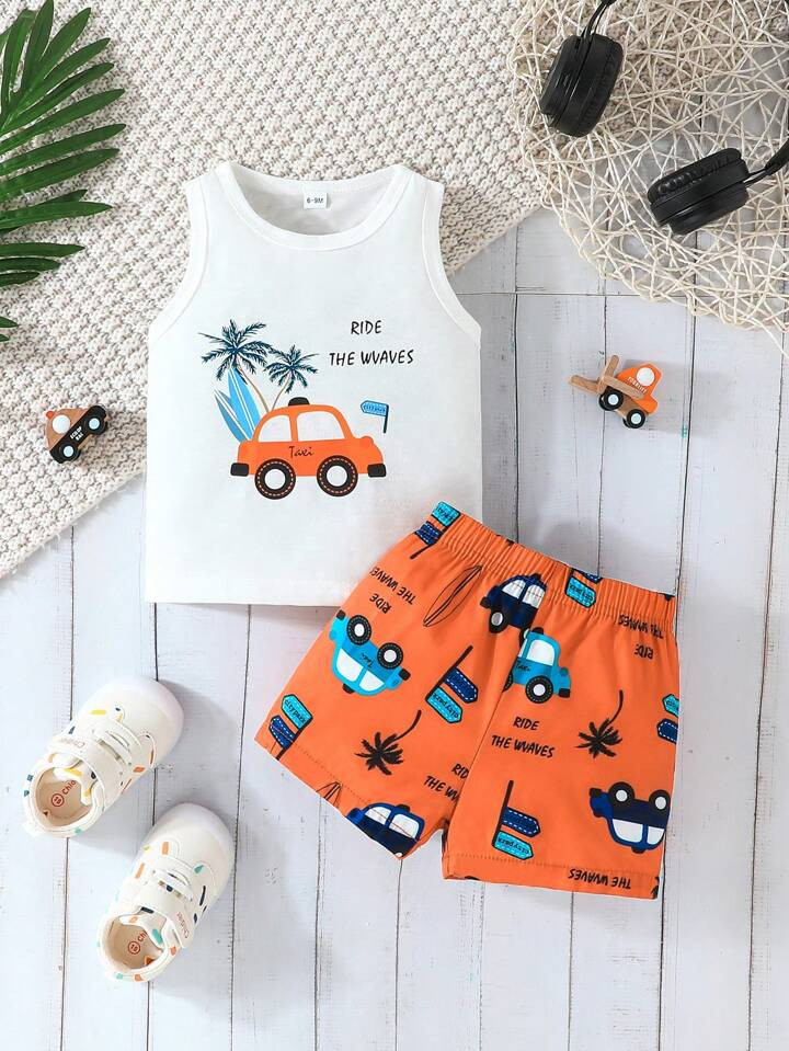Baby Boy Summer Sleeveless Round Neck Printed Vest And Shorts Casual Outfit, 2pcs/Set | SHEIN