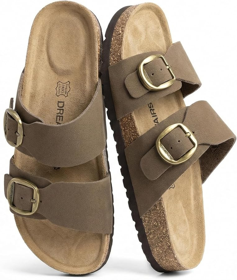 DREAM PAIRS Women's Slides Soft Genuine Footbed Sandals Comfortable Adjustable Double Buckle Slip... | Amazon (US)