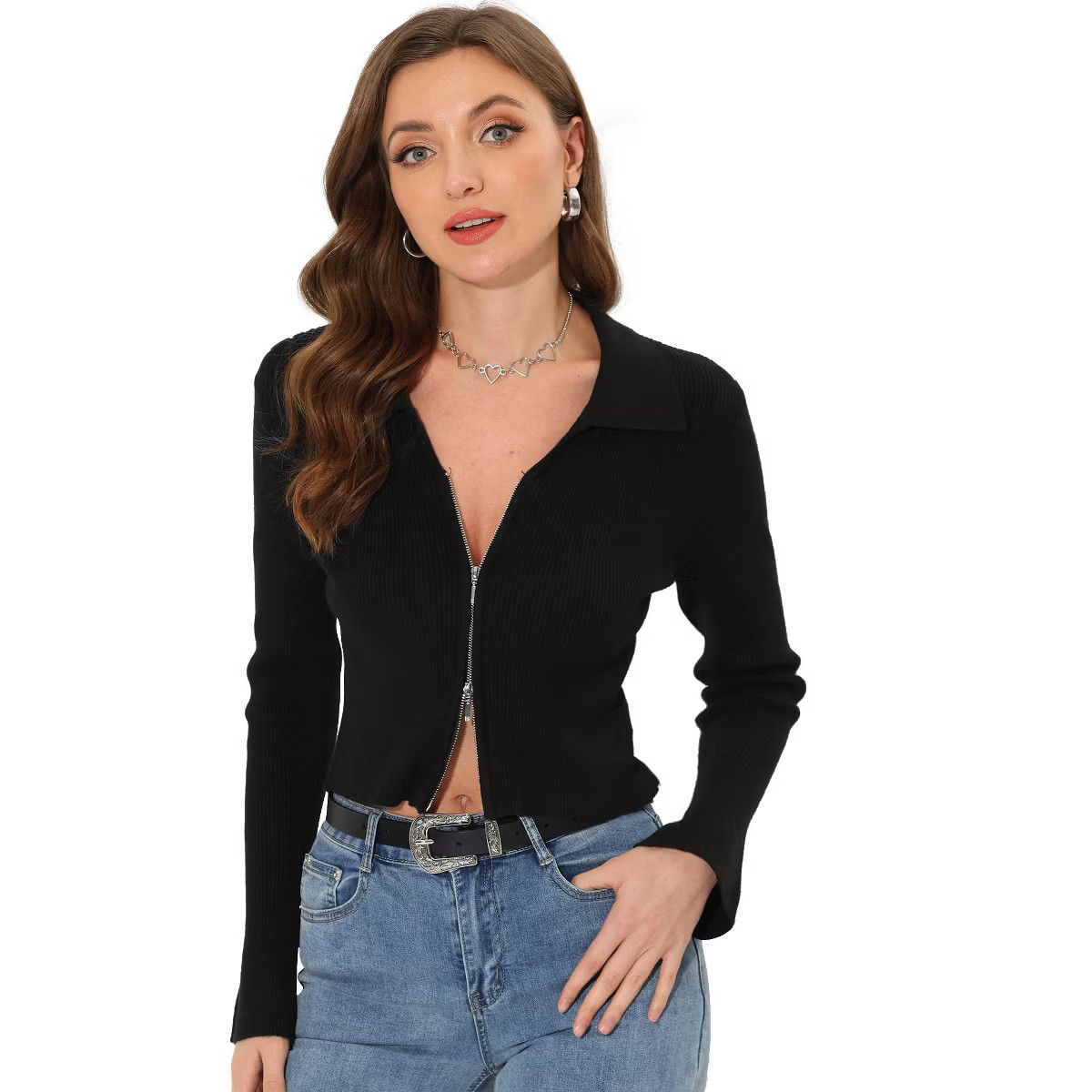 Allegra K Women's Zipper Up Bell Long Sleeve Collared Crop Knit Sweater Jacket | Target