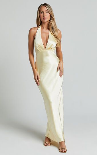 Prima Maxi Dress - Plunge Satin Dress in Butter Yellow | Showpo (US, UK & Europe)