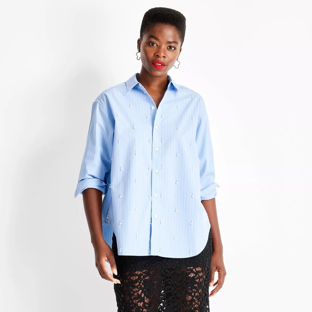 Women's Long Sleeve Collared Embellished Asymmetrical Button-Down Shirt - Future Collective | Target