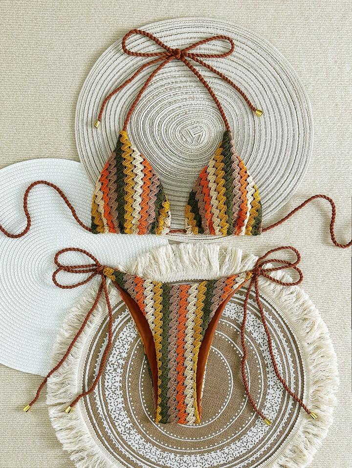 Women Crochet Strappy Halter Top Wraparound Bikini Set, Beachwear Summer Outfit | SHEIN