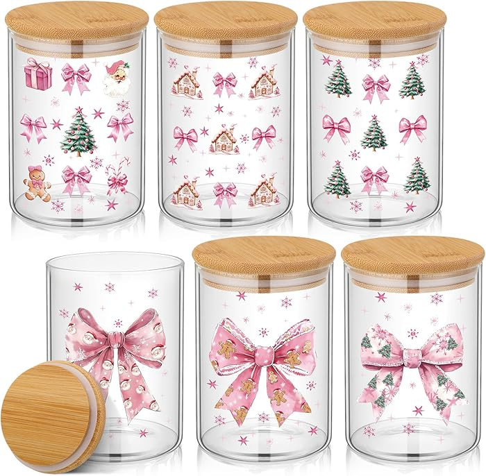Pink Christmas Glass Storage Jars with Airtight Bamboo Lid Merry and Bright Christmas Canister Se... | Amazon (US)
