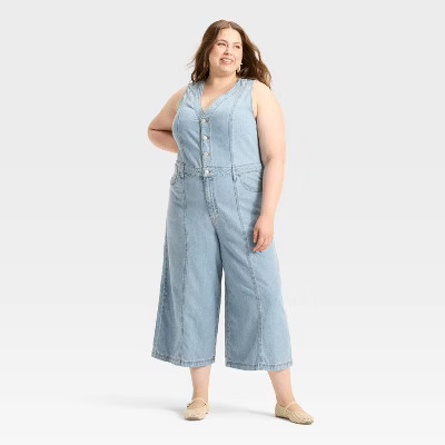 Women's Cropped Sleeveless Denim Jumpsuit - Universal Thread™ Light Wash 24 | Target