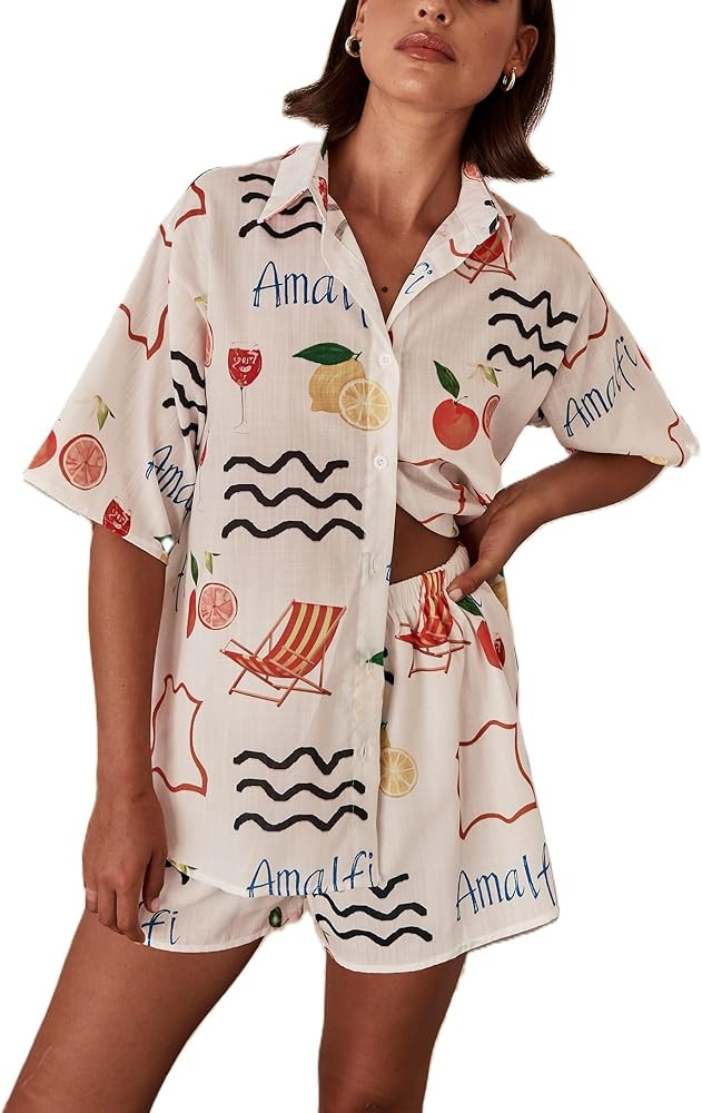 Women Graphic 2 Piece Shorts Matching Sets Button V Neck Short Sleeve Blouse Wide Leg Shorts Summ... | Amazon (US)
