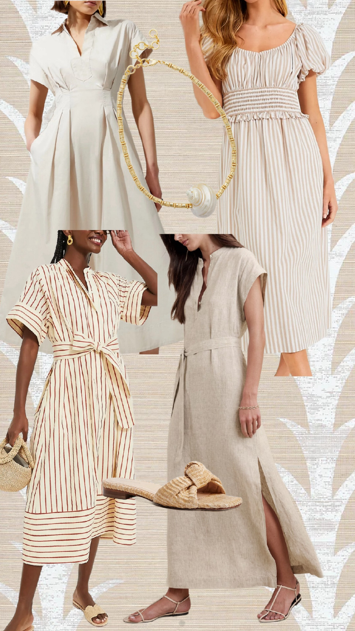 Tan midi dress with sleeves for beach photos! Summer dresses, summer dress, beach, neutrals, seashell, raffia 