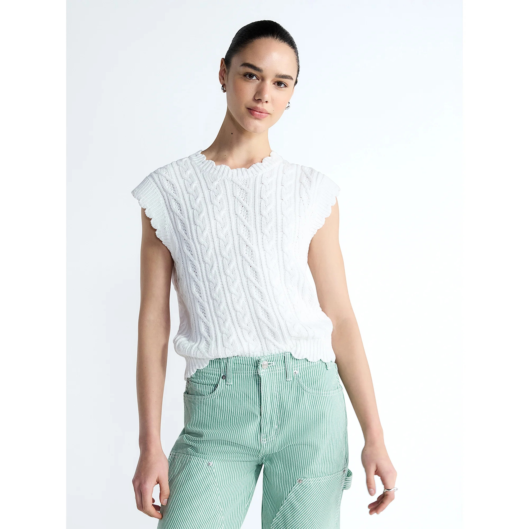 Free Assembly Women's Scalloped Cable Knit Cotton Vest, Sizes XS-XXL | Walmart (US)