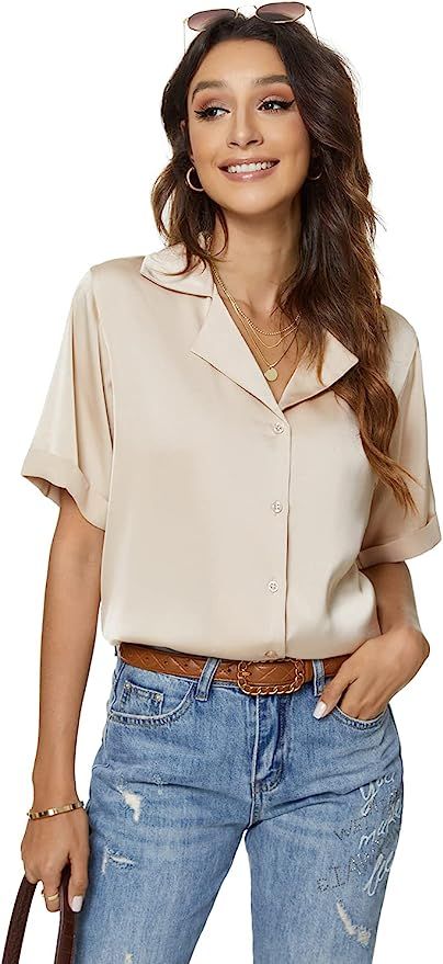 Atnlewhi Women's Short Sleeve Button Down Satin Silk Shirts Casual Business Work Office Blouse To... | Amazon (US)