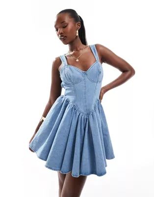 ASOS LUXE denim corseted skater mini dress with bow back in mid wash blue | ASOS | ASOS (Global)