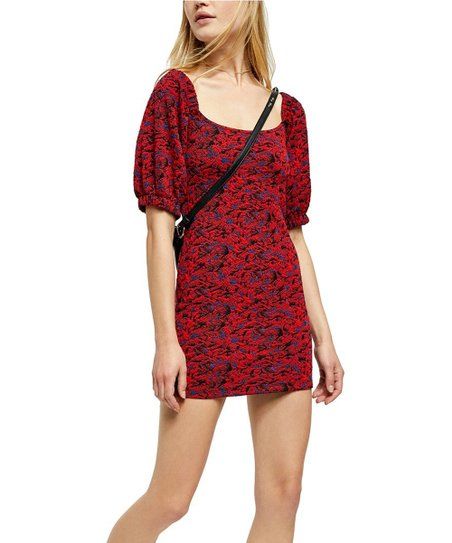 Red Floral Puff-Sleeve Off-Shoulder Dress - Women | Zulily