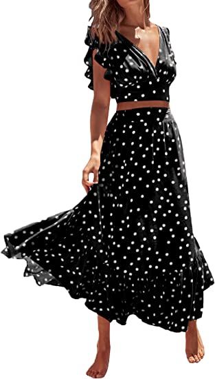 LYANER Women's Boho 2 Piece Outfits Polka Dots V Neck Crop Top and Elastic Waist Skirt Sets | Amazon (US)
