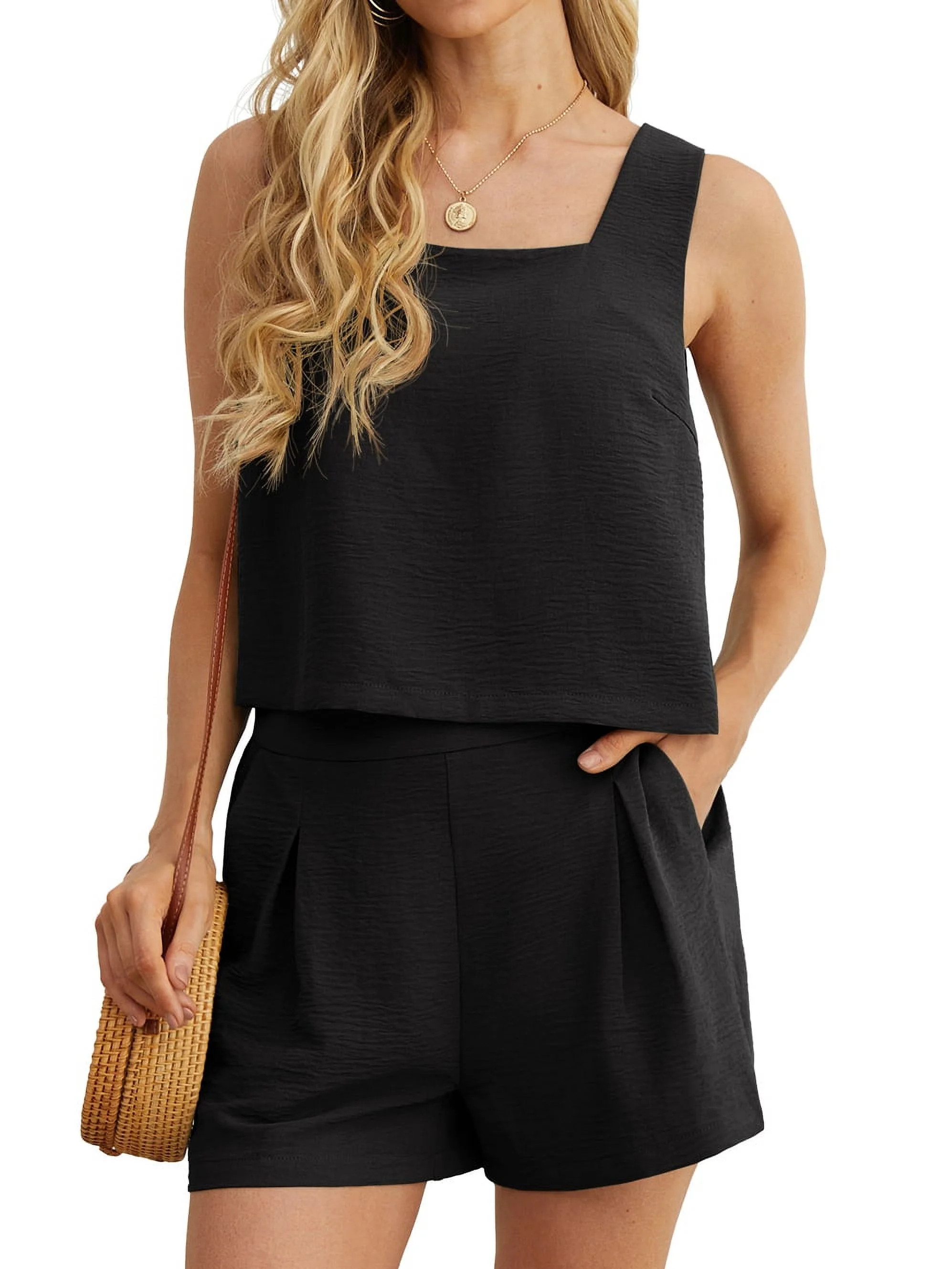 JWD Women's 2 Piece Square Neck Sleeveless Shorts Casual Set Women's Summer Top Black S | Walmart (US)