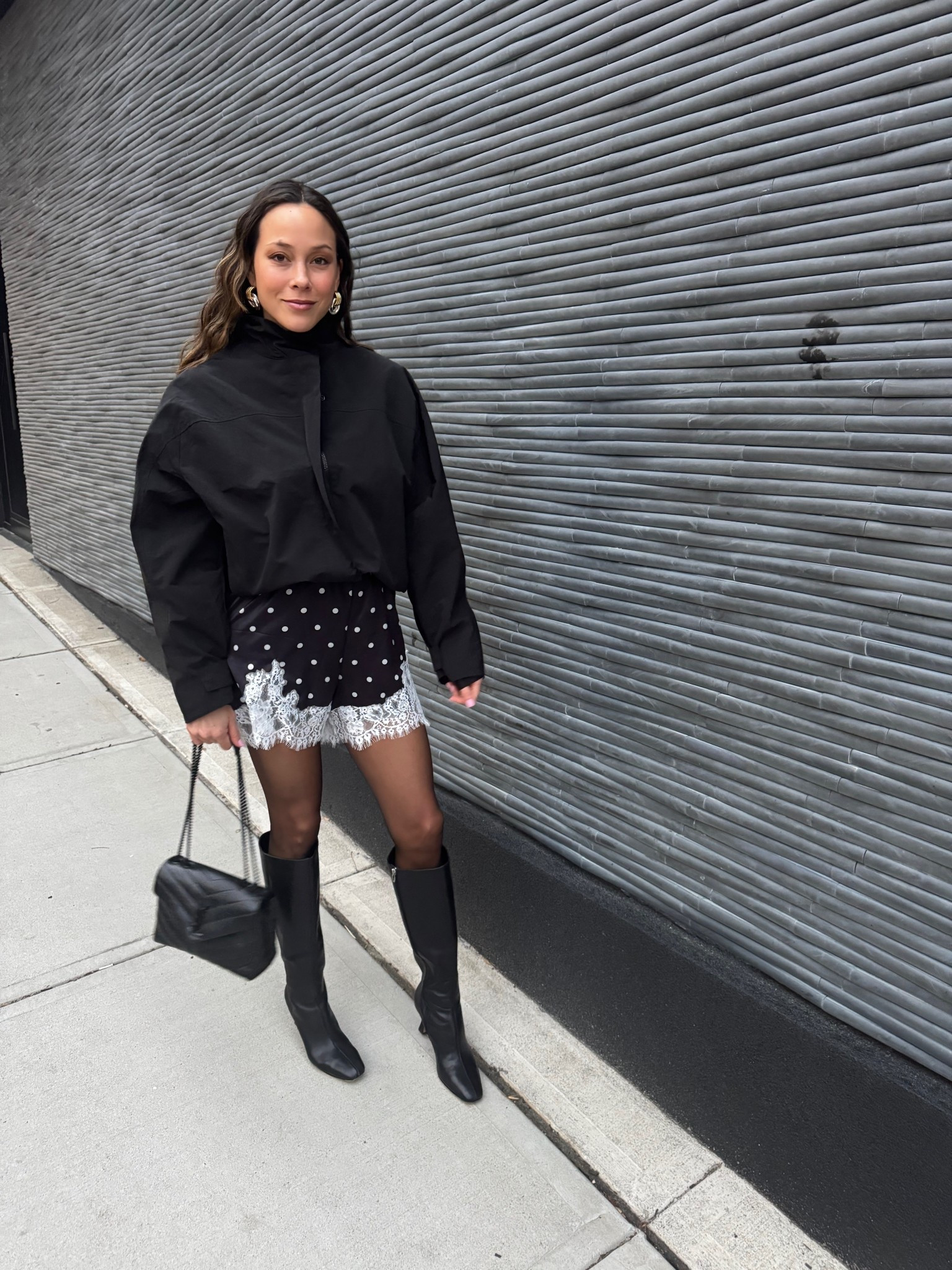 Polka dots, lace shorts, funnel neck jackets, yes please 🖤