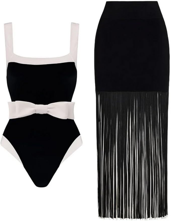 FLAXMAKER Bow Belted Black and White One Piece Swimsuit and Tassel Skirt | Amazon (US)