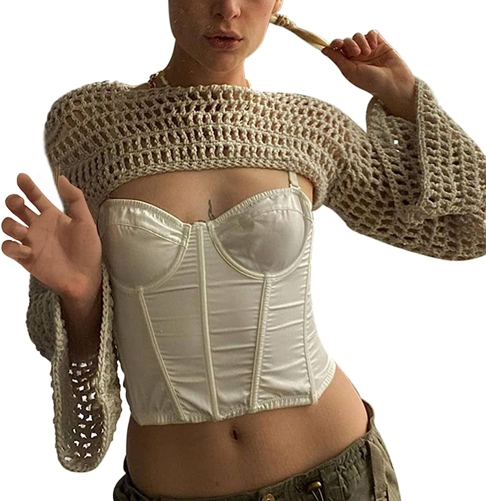 PICPUNMAK Women Grunge Crochet Knit See Through Crop Tops Cover Up Shrug Long Sleeve Crew Neck Ca... | Amazon (US)