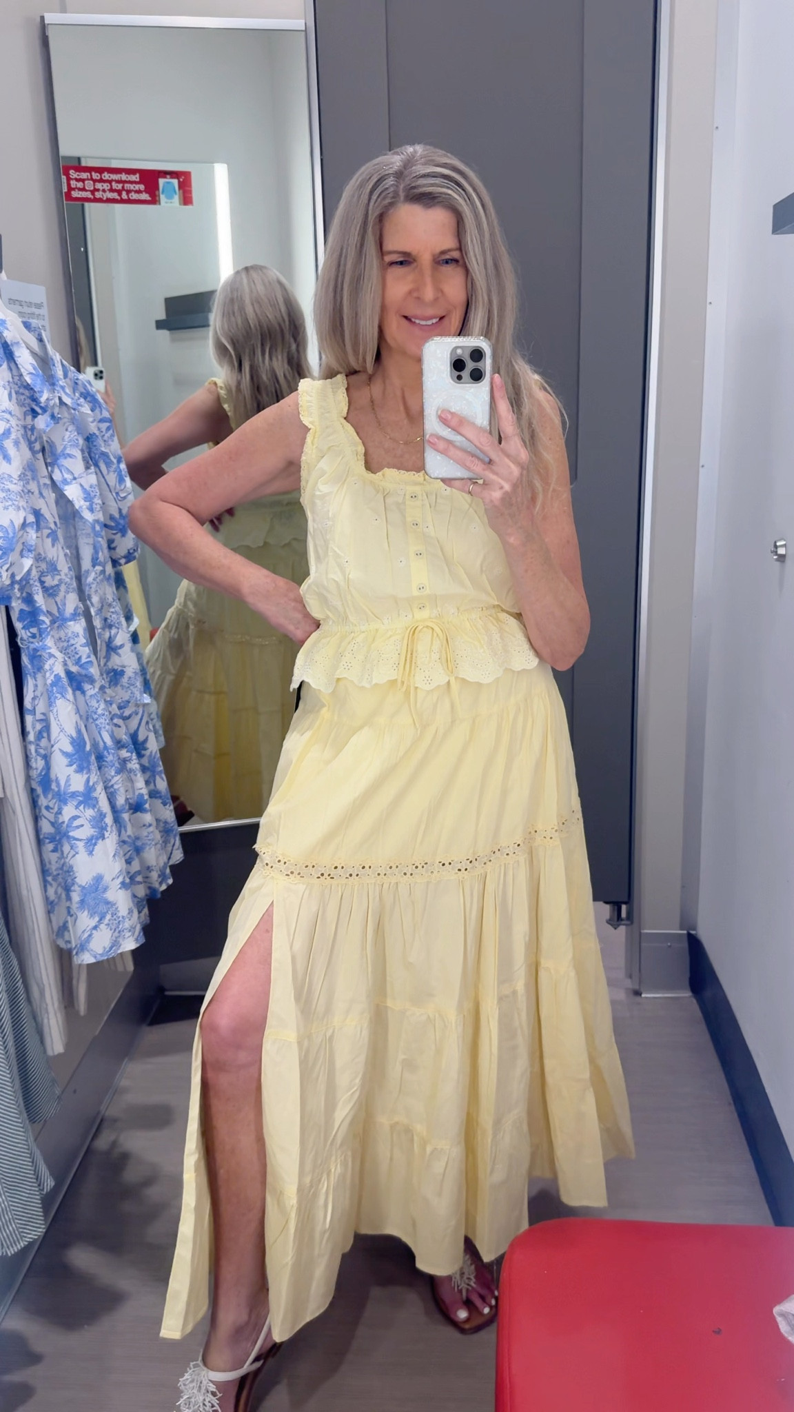 Ok Target - Yellow is trending & this skirt & top set is the cutest! Eyelet cotton -  Peplum hem, tie-front waist top and long skirt with side slit. Short skort also available. Brown, White and red with white colors available too! Wear everyday, brunch outfit, lunch or girls day out. Perfect for Summer travel & Mother’s Day gift too! #LTKMothersDay 

#LTKTravel #LTKgrwm