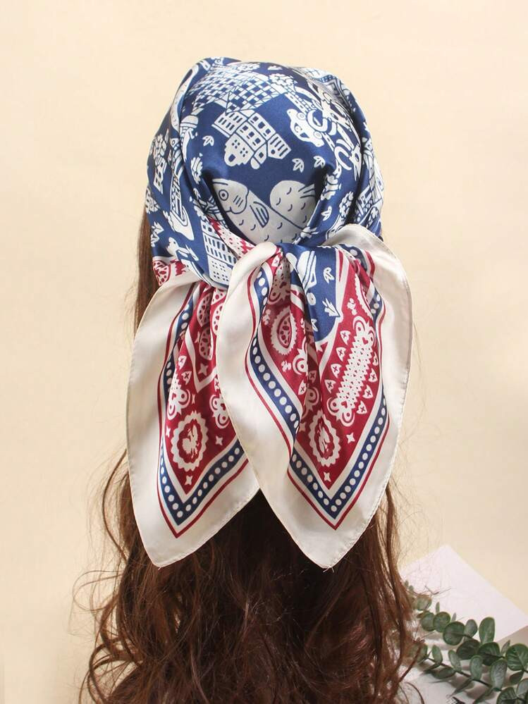 1pc Faux Silk Printed Bandana, Fashion Versatile Neckerchief Scarf Suitable For Daily Use For Dre... | SHEIN