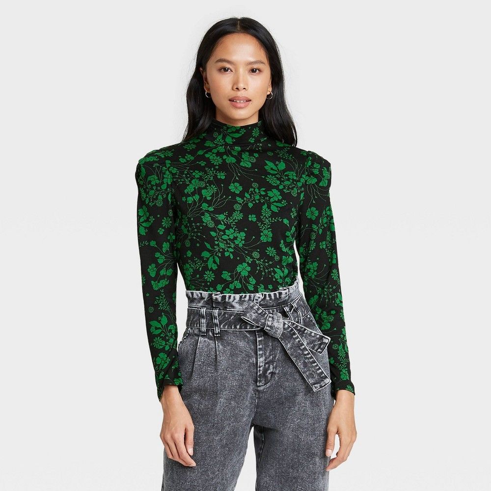 Women's Floral Print Puff Long Sleeve Mock Turtleneck Knit Top - Who What Wear™ | Target