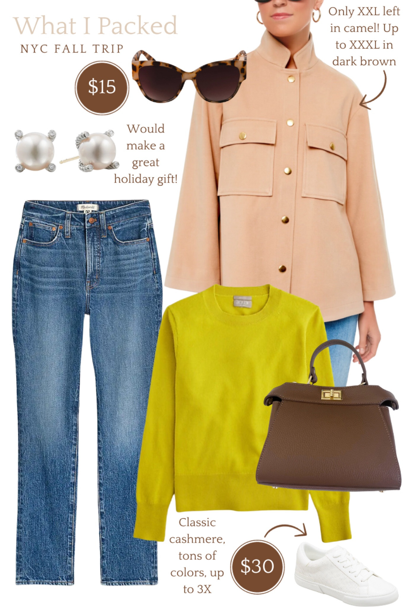 A classic fall outfit with a pop of color that I packed for our NYC trip. I wore these jeans multiple days. They’re extremely comfortable and flattering. Paired with a fun chartreuse yellow crewneck sweater, a trendy tan shirt jacket (selling out!), a chocolate brown purse, affordable sunglasses, and classic pearl earrings.

Plus size, extended sizes, classic style, preppy, mom style, fall ootd #plussize #extendedsizes #classicstyle #preppy 

#LTKplussize #LTKSeasonal #LTKfindsunder50