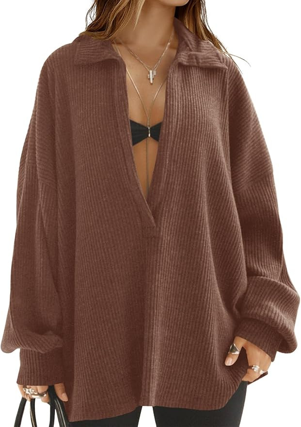 Fisoew Womens Oversized Deep V Neck Sweatshirts Casual Collared Long Sleeve Ribbed Knit Pullover ... | Amazon (US)