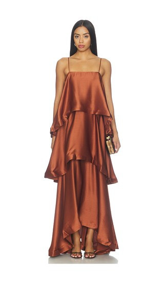 ELLIATT Tilly Tiered Maxi Dress in Metallic Copper. Size L. Also in M, S, XS, XXL. | Revolve Clothing (Global)