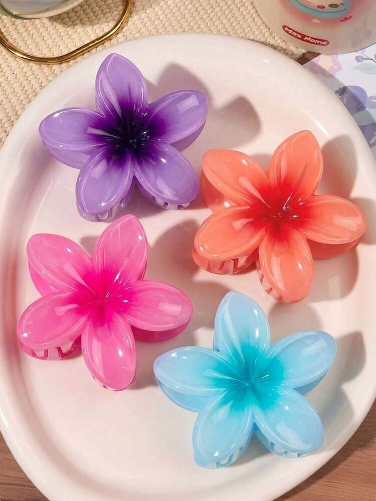 4pcs/1pc Hibiscus Jelly Color Hair Clips, White/Yellow/Pink/Blue, Lightweight Plastic Bathroom Ha... | SHEIN