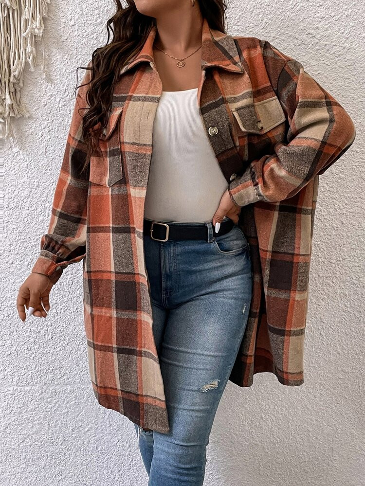 Plus Plaid Print Drop Shoulder Coat | SHEIN