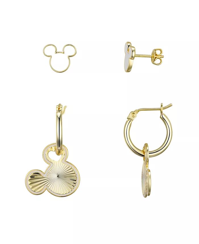 Disney White Enamel Stud and Diamond Cut Mickey Mouse Hoop Earring Set - Macy's | Macy's