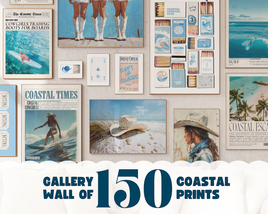 beach decor gallery wall set of 150 coastal cowgirl prints, blue wall art surf posters western de... | Etsy (US)