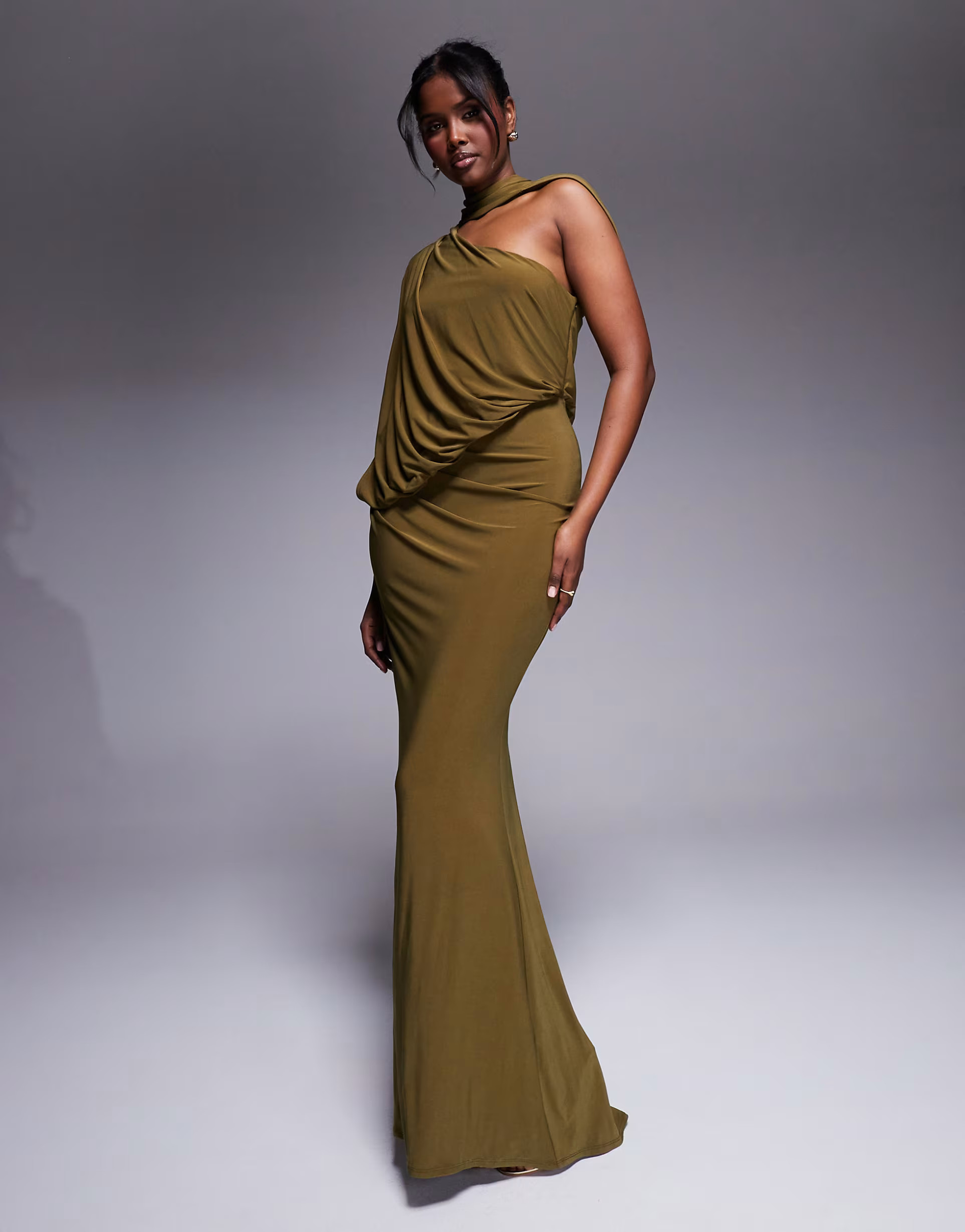 ASOS DESIGN one shoulder drape maxi dress with cape detail in olive green | ASOS (Global)