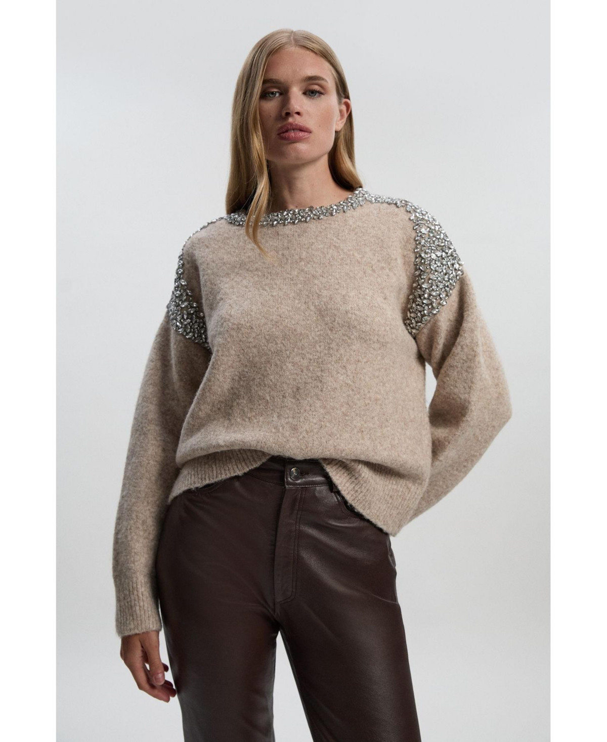 Karen Millen Women's Embellished Trim Cosy Knit Jumper - Oatmeal | Macy's