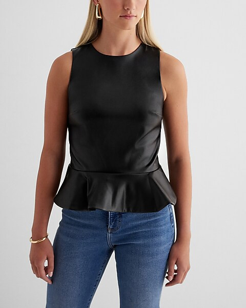 Faux Leather Crew Neck Peplum Tank | Express