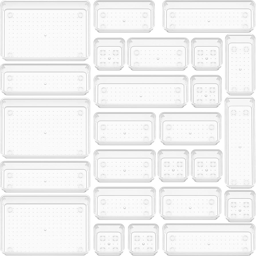 25 PCS Clear Plastic Drawer Organizer Set, Non-Slip/Crack Bathroom Vanity Drawer Organizer Trays ... | Amazon (US)