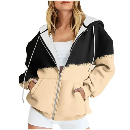 LLYwey Women s Sweatshirts Zip Up On Sale Women s Casual Printed Zippered Long Sleeve Hooded Sweatshirt Jackets Tops New Lightweight Jackets Women Hoodie Style U86 Beige M | Walmart (US)