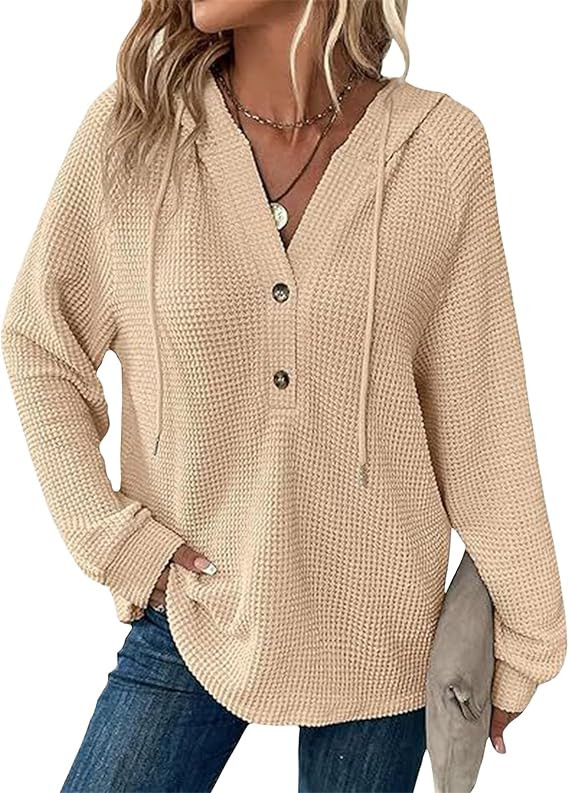 Hoodies for Women Comfortable Waffle Knit Long Sleeve Drawstring Button V Neck Casual Pullover Sw... | Amazon (US)
