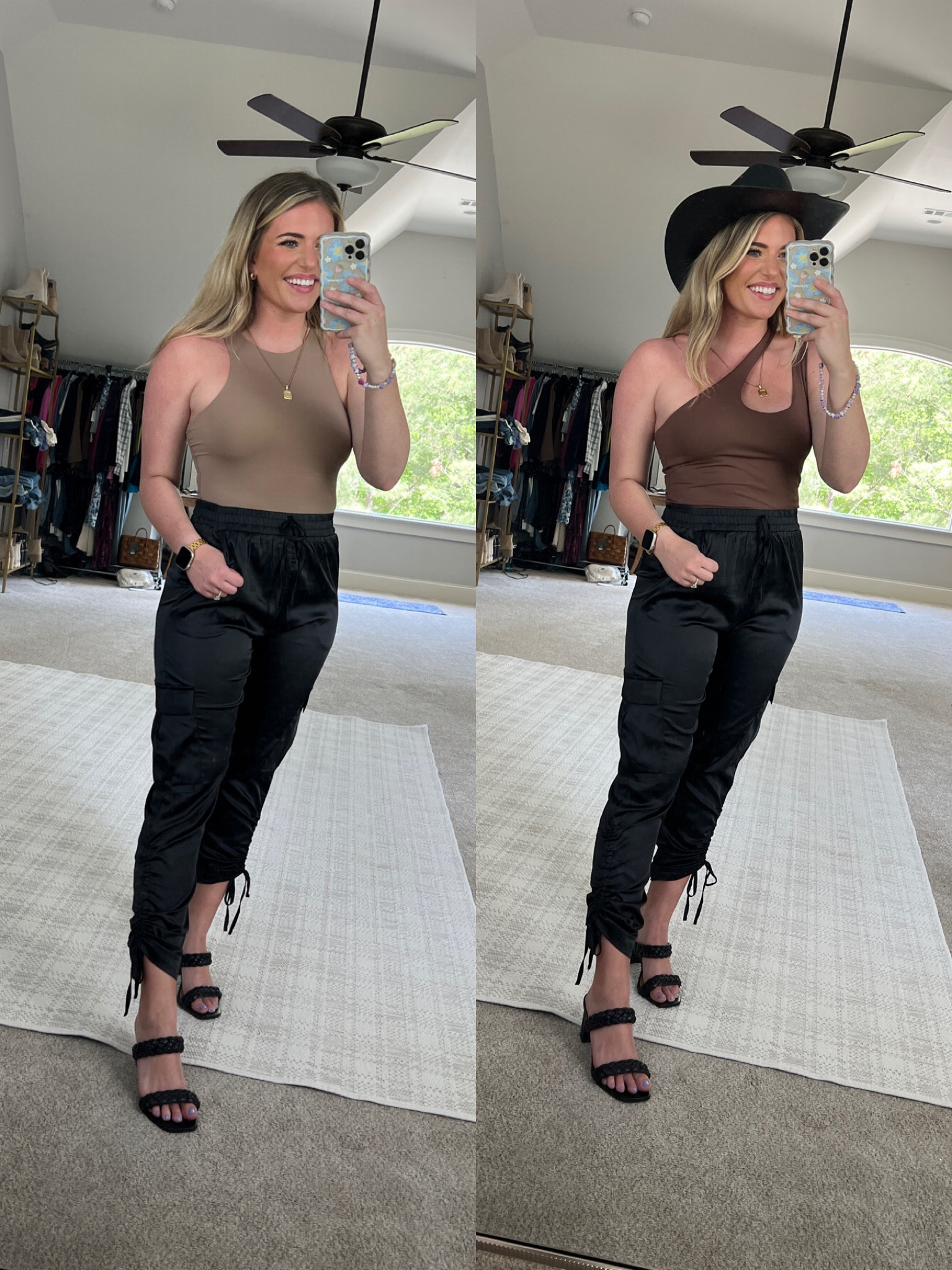 Fave skims lookalike bodysuit on the left. Buttery soft & quality is 10/10. TTS - M 
Satin pants so comfy & stretchy waist. TTS - M. 
Brown cutout one shoulder bodysuit on right so comfy & stretchy. Sized up 1 to the L 
Black cowboy hat perfect for Nashville or country concert. 🤠
Fave black heels TTS & so comfy. 🖤

Bachelorette party girls night out Nashville outfit cowboy hat cowboy boots western outfit silk pants joggers amazon outfits skims dupe braided heels western hat 


#LTKFestival #LTKFind #LTKunder50