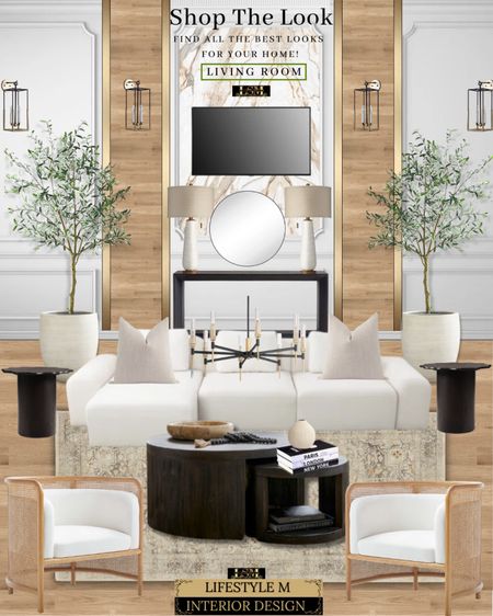 Worked hard on this design! Please like! Transitional modern living room design idea! Black Round coffee table, black round end table, white sectional sofa, wood weave accent chair, beige traditional rug, black round mirror, white table lamp, black console table, white tree planter pot, faux olive tree, lantern wall sconce, modern chandelier, table vase, beige throw pillow, marble wall panel.

#LTKstyletip #LTKFind #LTKhome