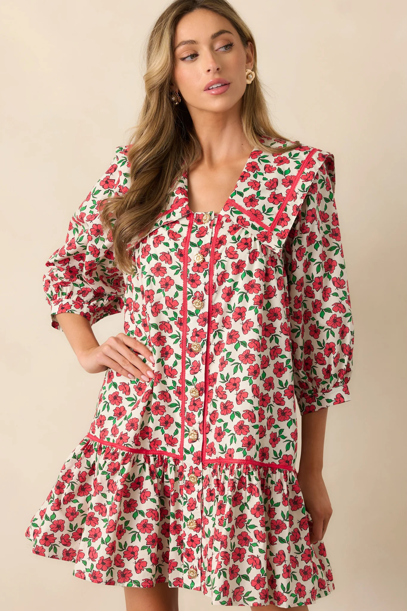 Butterfly Garden Red Cotton Button Front Mini Dress | Red Dress