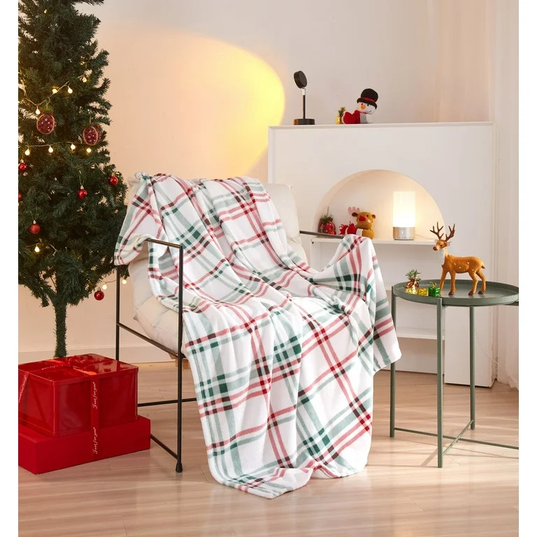 Holiday Time 50"x60" Multi-colored Christmas Plaid Rolled Plush Throw | Walmart (US)