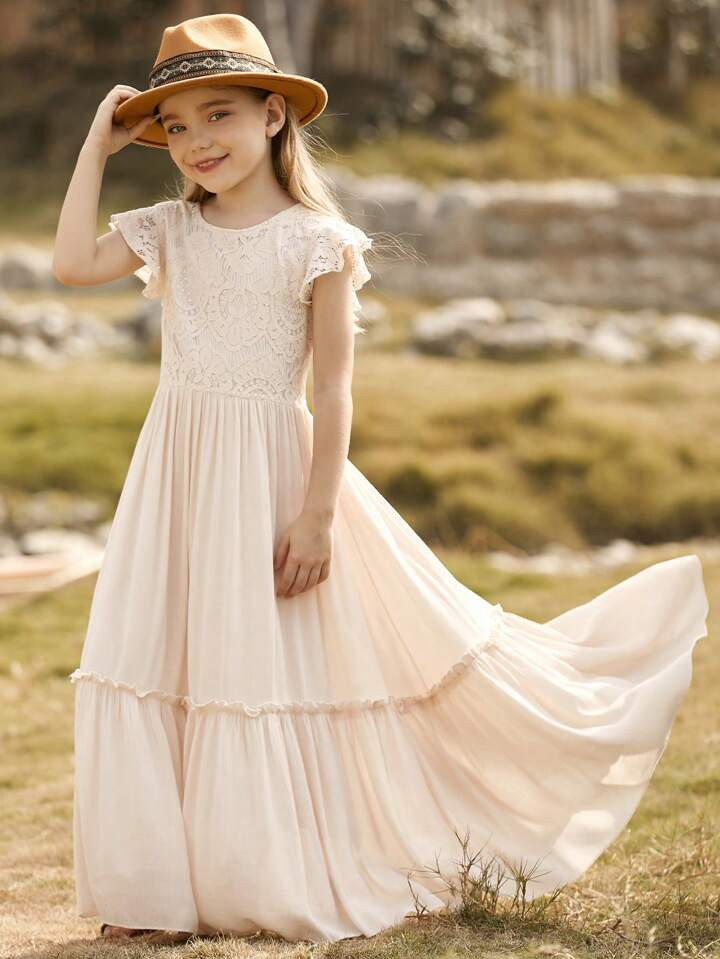 Tween Girls' Solid Color Patchwork Lace Flying Sleeve Swing Dress | SHEIN