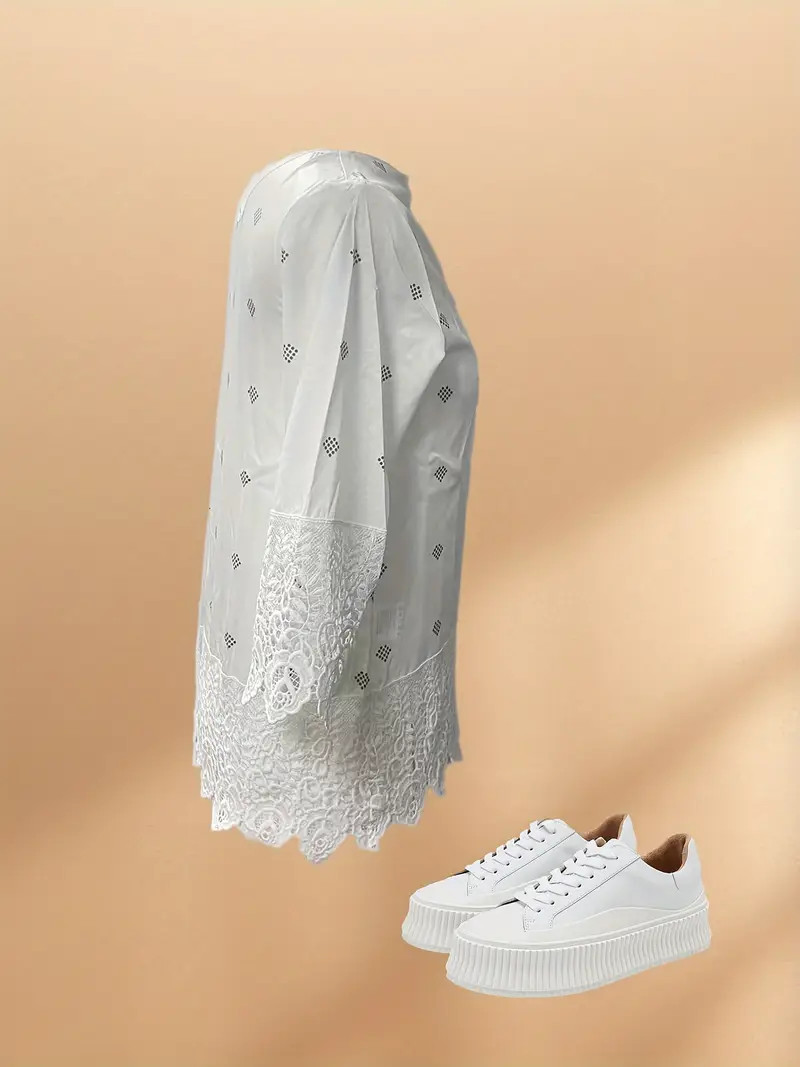 Solid Contrast Lace Trim Blouse 3/4 Sleeve Round Neck Casual - Temu | Temu Affiliate Program