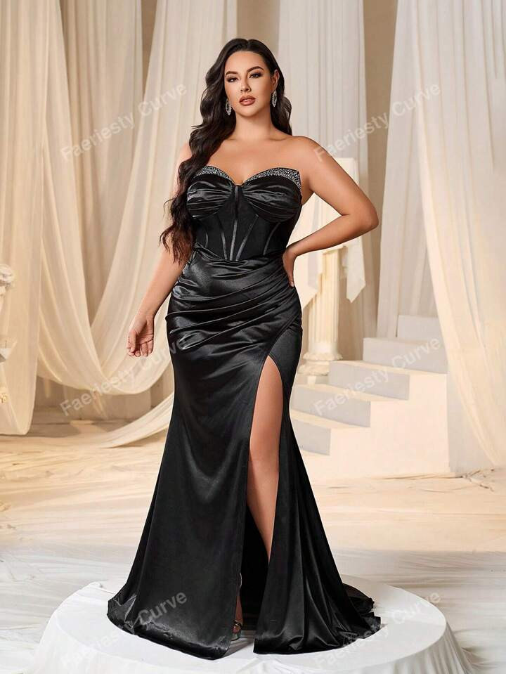 Faeriesty Plus Rhinestone Detail Ruched Bustier Slit Mermaid Party Dress Black Elegant Formal Evening Prom Wedding Guest Gown, For Graduation, Dinner | SHEIN